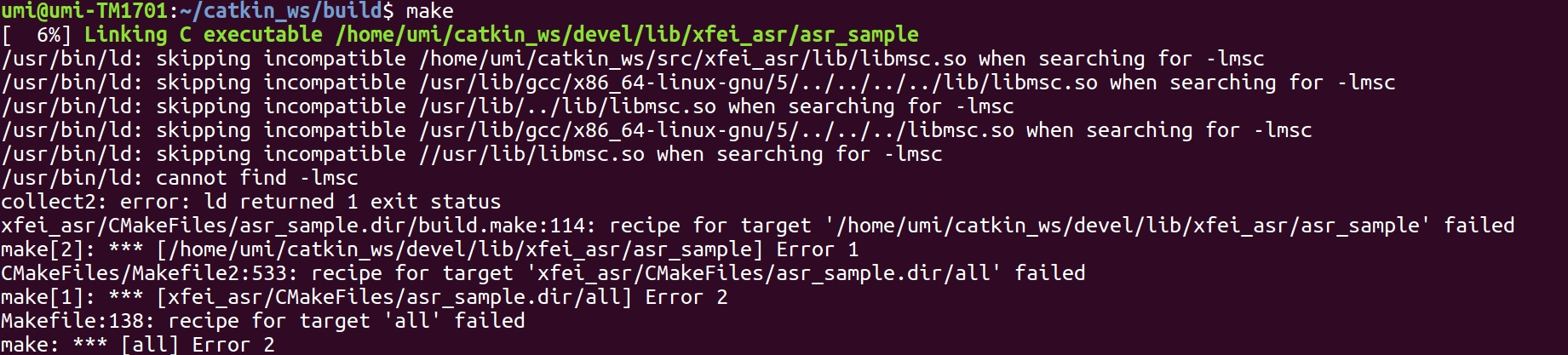 【ROS】科大讯飞语音SDK+Ubuntu16.04 + kinetic 实践报错记录及解决方案（1）：cannot find -lmsc