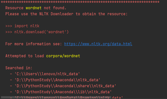 Resource wordnet not found. ； [nltk_data] Error loading wordnet: ＜urlopen error [Errno 11004]