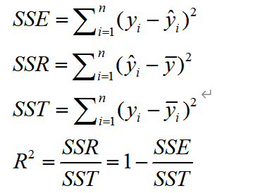 决定系数R2；残差平方和SSE；回归平方和SSR总平方和SST；