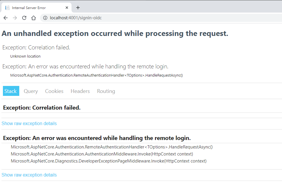 identity server4 授权成功页面跳转时遇到错误：Exception: Correlation failed. Unknown location的解决方法