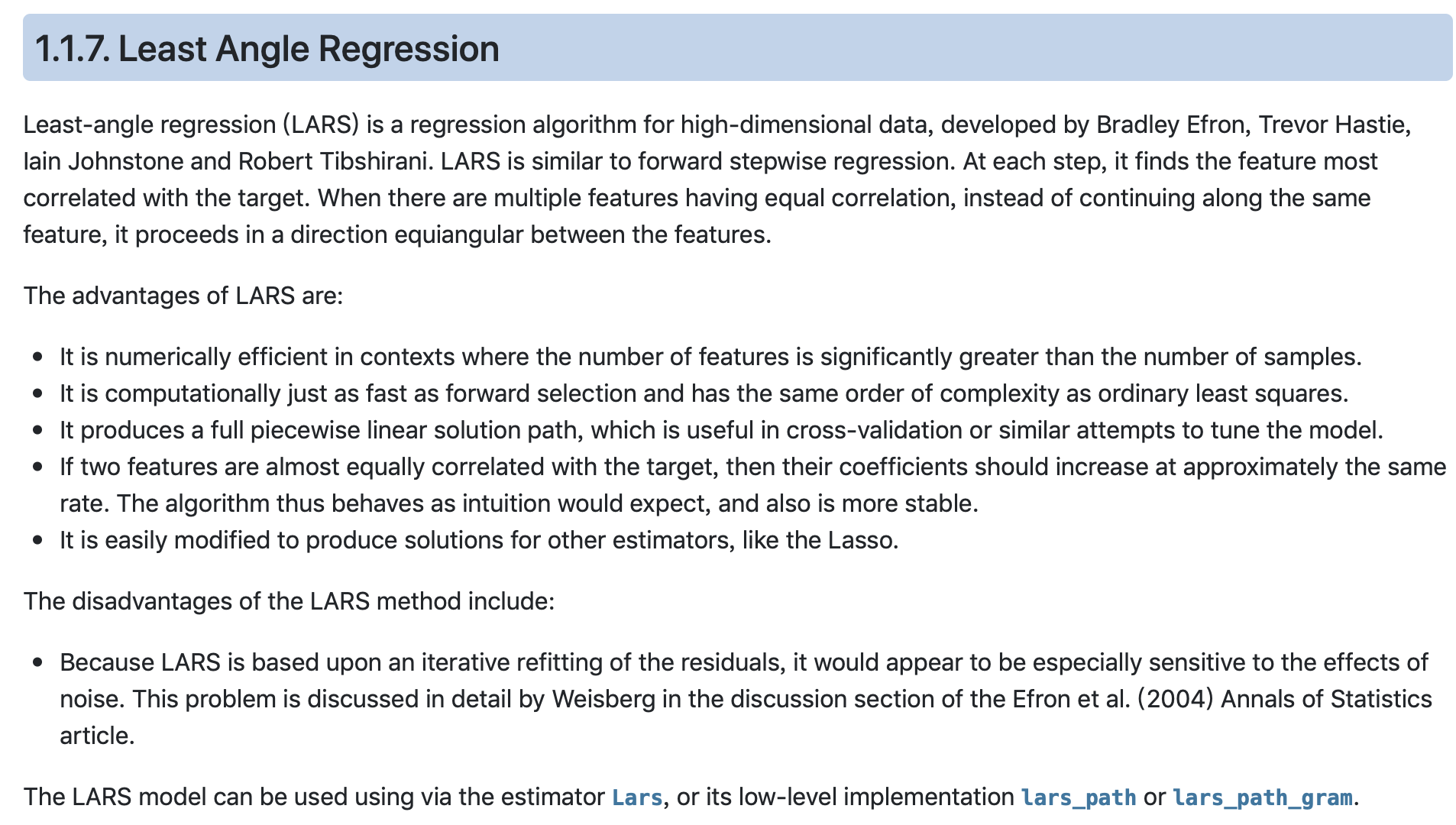 1.1.7. Least Angle Regression（最小角回归）和 1.1.8. LARS Lasso