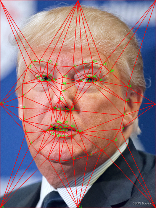 《数字图像处理》dlib人脸检测获取关键点，delaunay三角划分，实现人脸的几何变换warpping,接着实现两幅人脸图像之间的渐变合成morphing